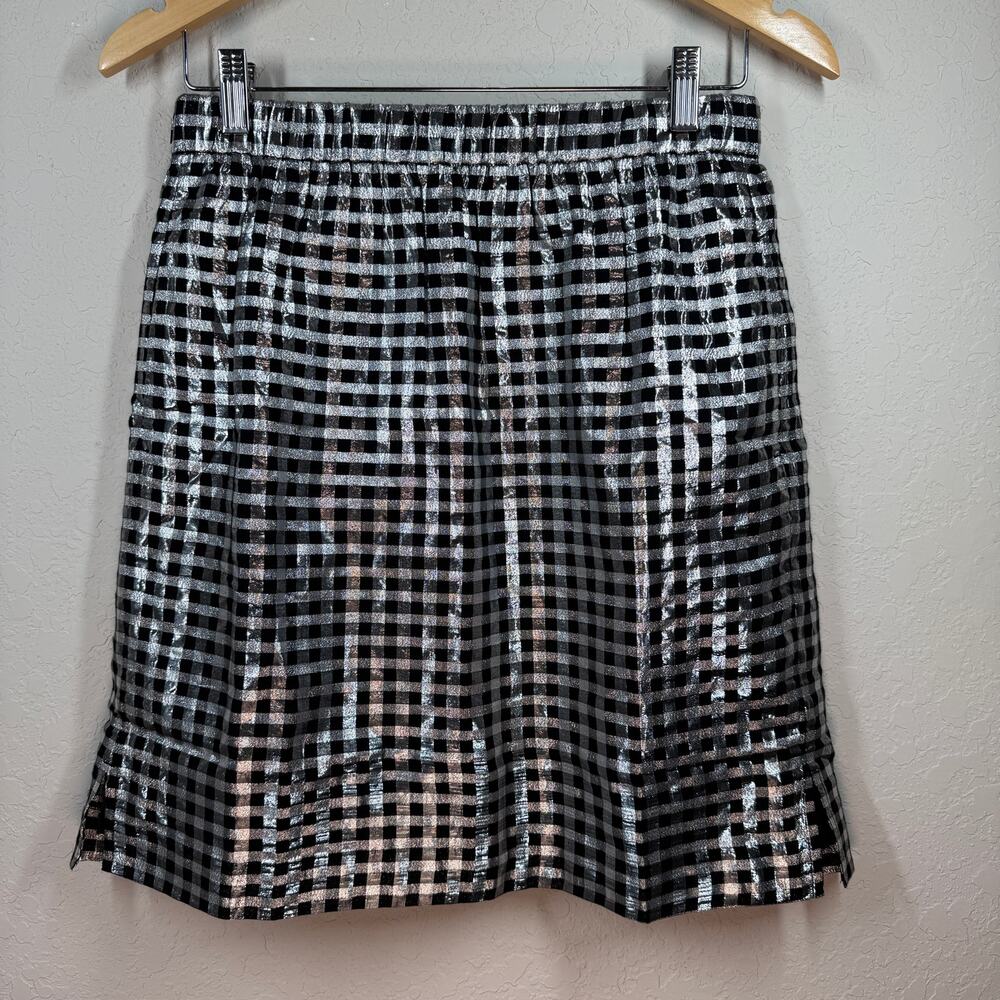 Women's J. Crew Black and Silver‎ Check Metallic Skirt Elastic Waist Size S NEW